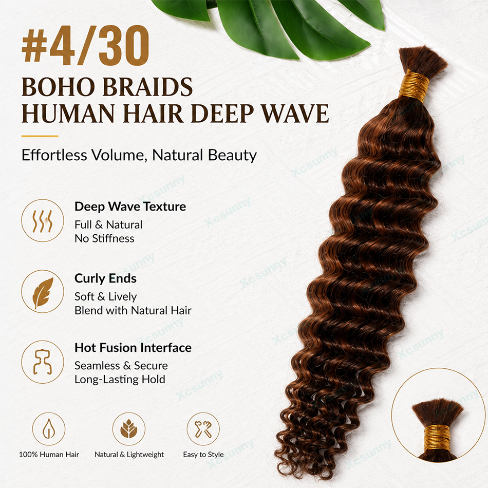 Color #4/30 Boho Braids Human  - Water Wave Bulk Human Hair For Braiding 评论和价格